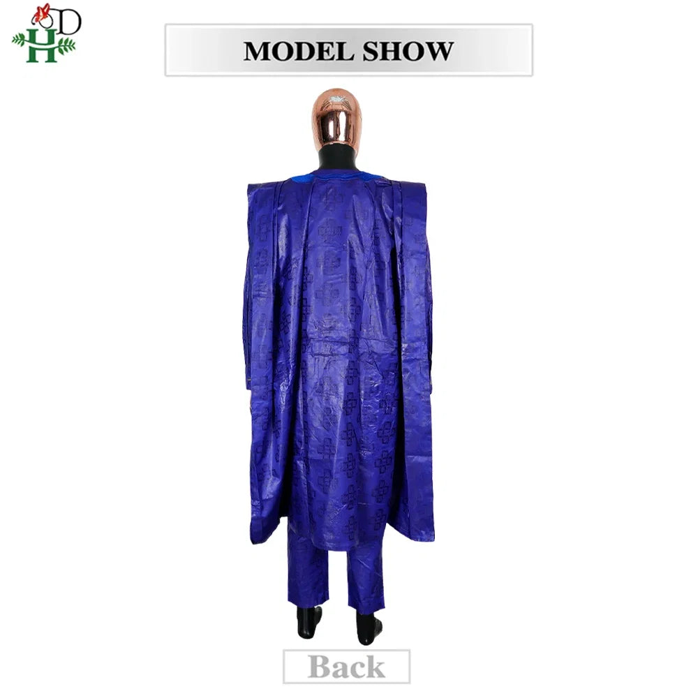 Men's African Traditional 3PCS Outfit  Blue Bazin Riche Agbada Embroidered Robe