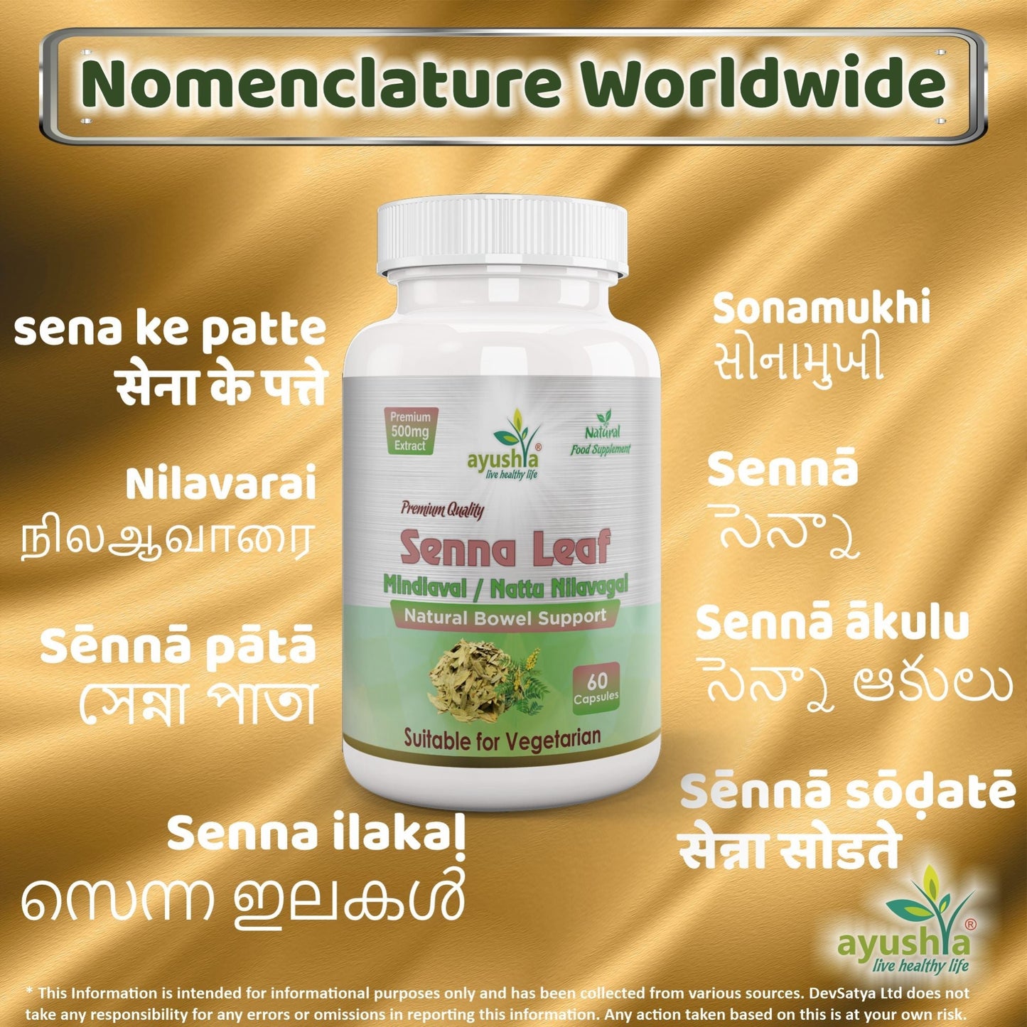 Ayushya Senna Leaf (Cassia angustifolia) Capsules Digestive Regularity Support - Vegan, Gluten Free, Non-GMO, 60 Capsules