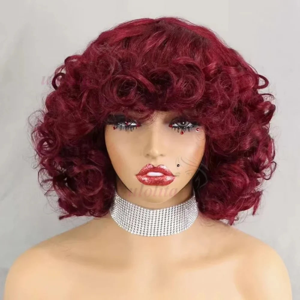 99J burgundy Fumi Curly Bob Wig Bouncy Pixie Cut Wig Highlight Full Machine Egg