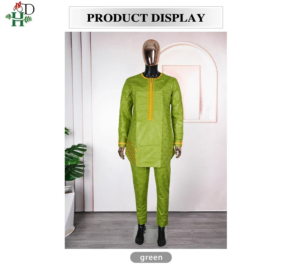 Men's Traditional Agbada 2PCS Green Bazin Riche Shirt and Pant