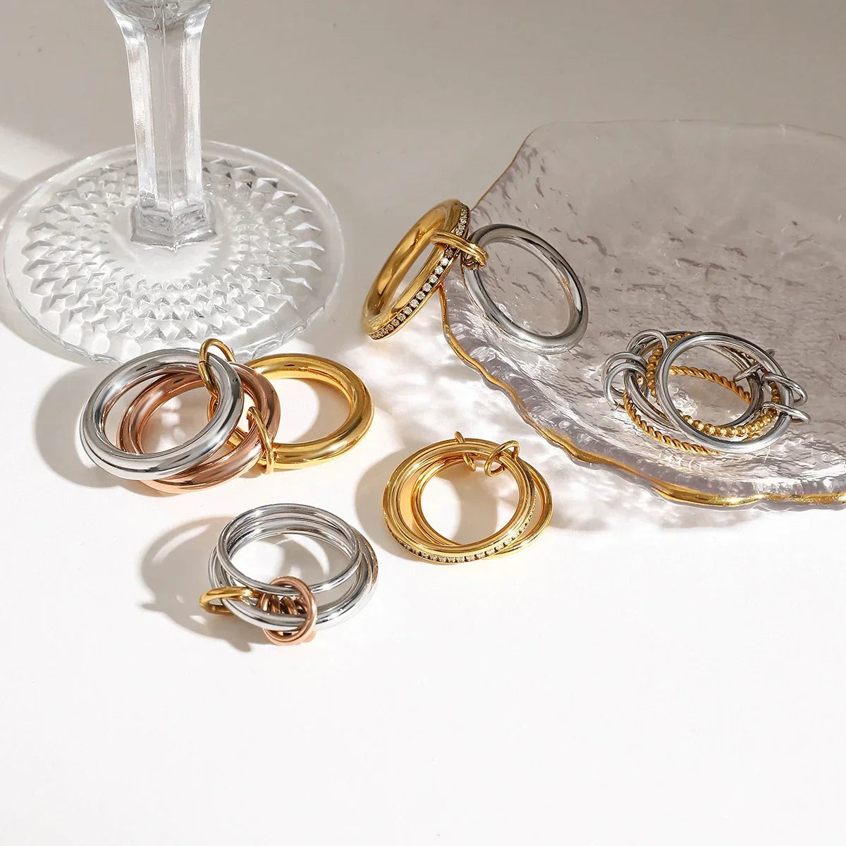 Gold Triple-Link Zircon Stacked Ring