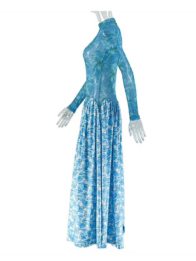 Women Autumn Light Blue Long Sleeve Dress Slim Waist Mid-turtleneck Chic Elegant Evening Wear