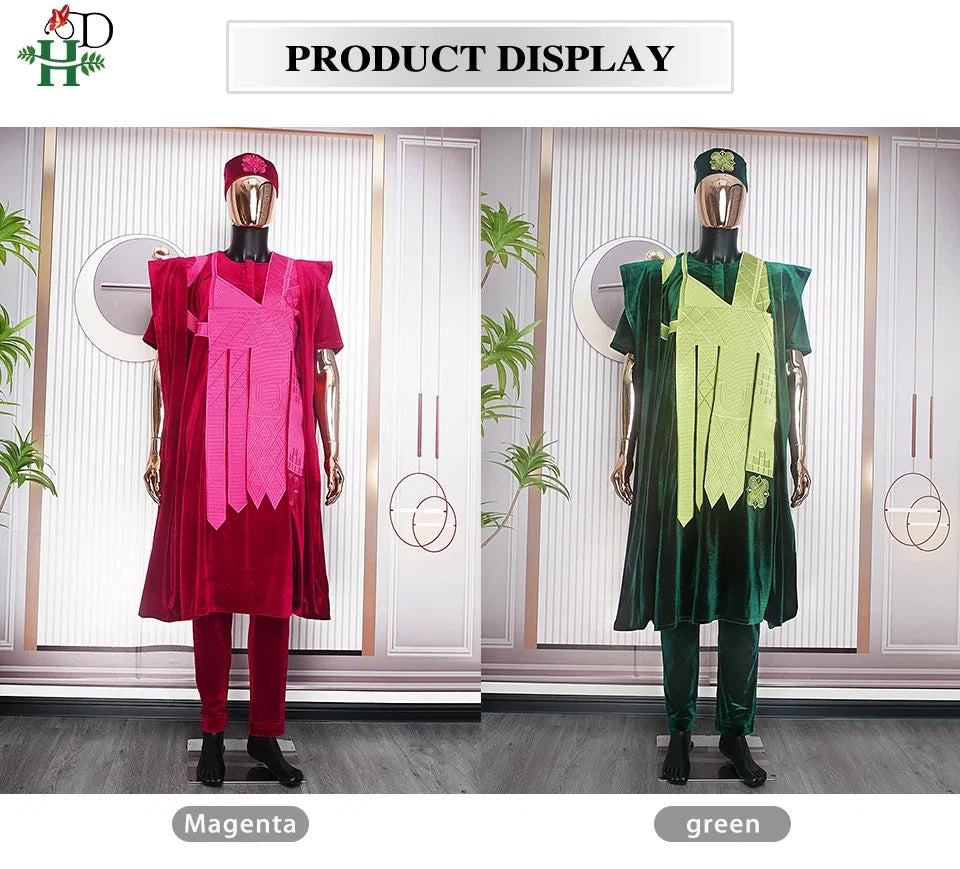 African Clothes for Men Clothing High-Quality Pink Embroidery With Hat Flannelette 3 Pcs Set