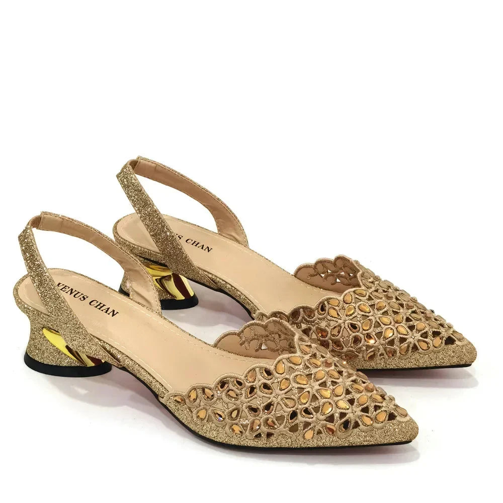 Hollowed Out Embroidery Rhinestone Pointed Toe Slingback Heels — Shoes Only or With Matching Bag | 5 Colours | EU 37–43