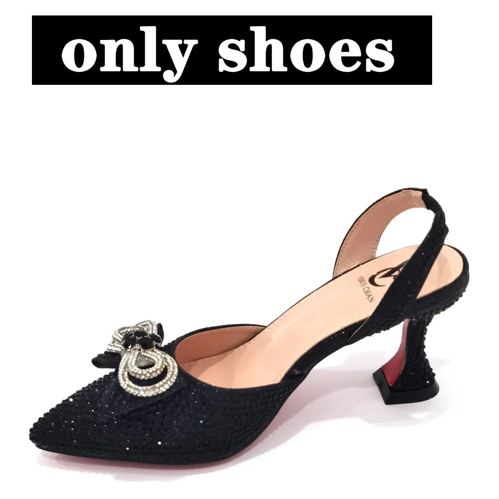 Rhinestone Bow Sequin Pointed Toe Slingback Heels — Shoes Only or With Matching Bag | 6 Colours | EU 37–43