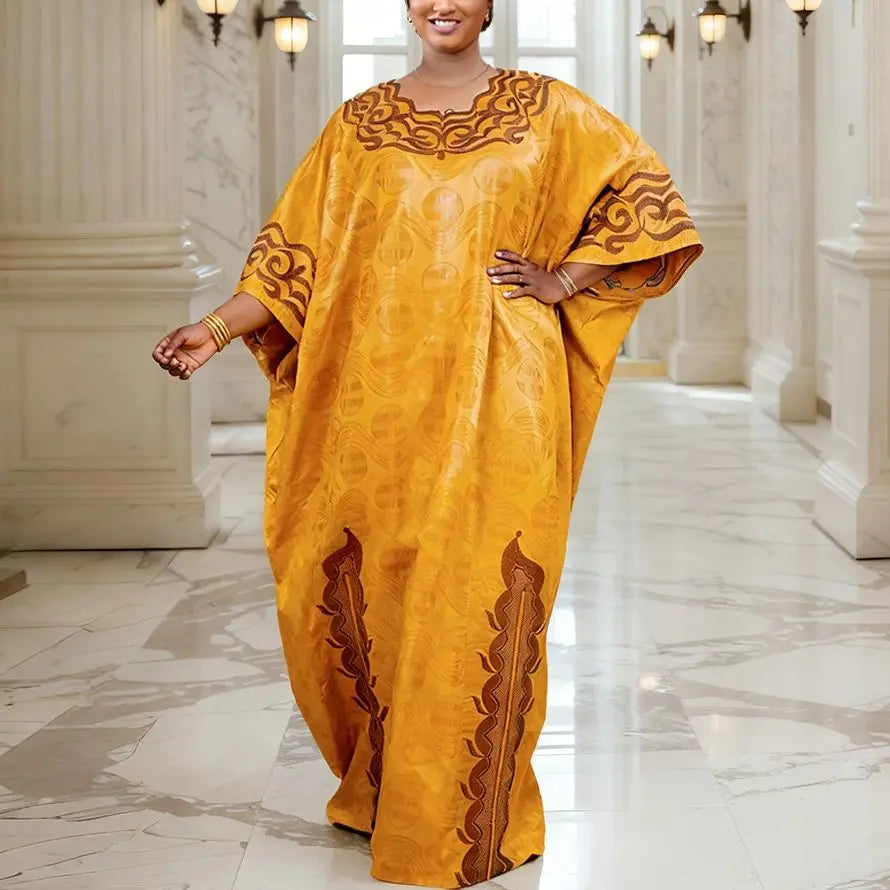 Women's African Boubou Dashiki Gown – Bazin Ankara Embroidered Kaftan Robe | Polyester-Spandex | One Size | 5 Colours