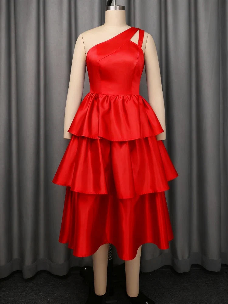 Women's Elegant One-Shoulder Ruffle Layered Party Dress Shiny Mid-Calf Gown for Christmas Birthday Wedding Guest Events
