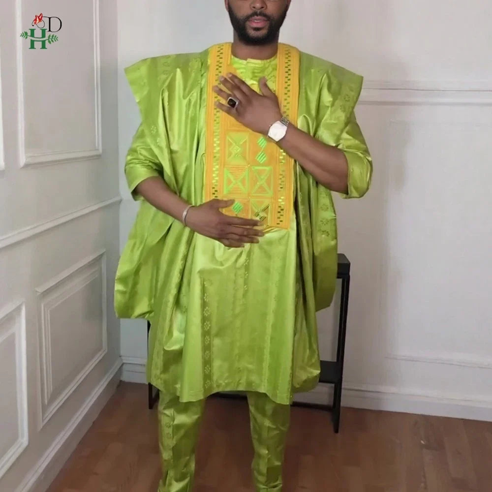 H&D African Clothing For Man Traditional Agbada Sets 3PCS Green Bazin Riche Shirt Pant Embroidery Wedding Party Suits Plus Size