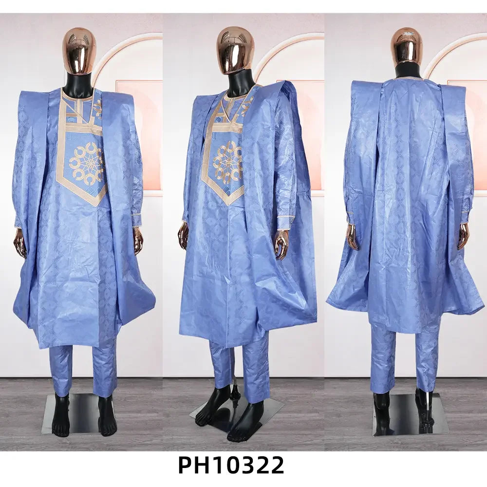 African Traditional Muslim Men Ramadan Embroidery Thobe Bazin Riche Outfits 3PCS Robe Suit Agbada