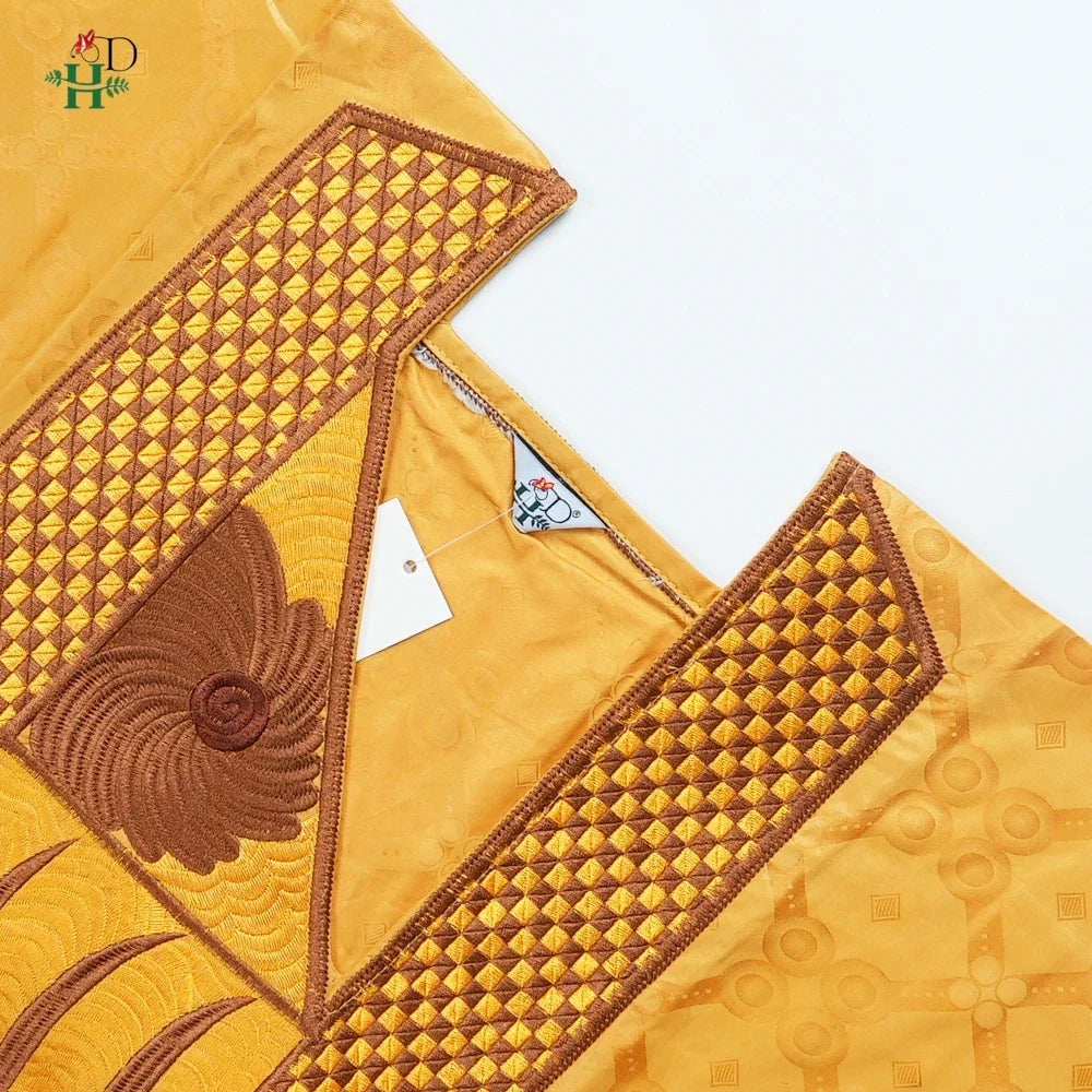African Men Traditional Embroidery Bazin Riche Dashiki Yellow Shirt Pants 3PCS Bubu Dress Suit