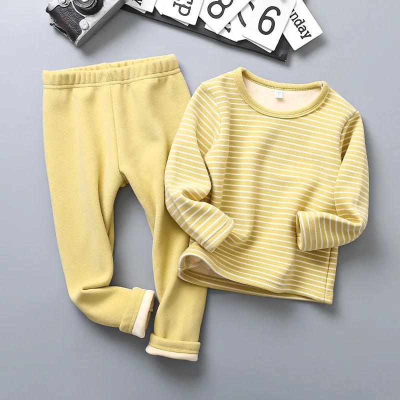 Children's Fleece Lined Thermal Underwear Set Boys Girls Stripe Design Thickened Unisex Autumn Thermal Pajamas 4-6 Years