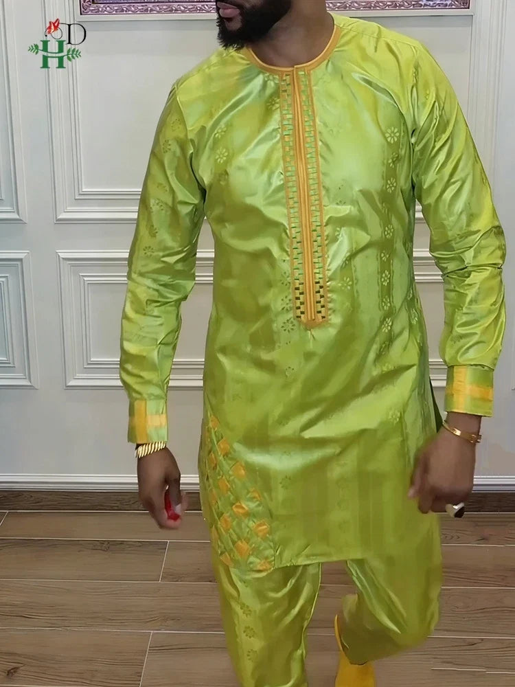 Men's Traditional Agbada 2PCS Green Bazin Riche Shirt and Pant