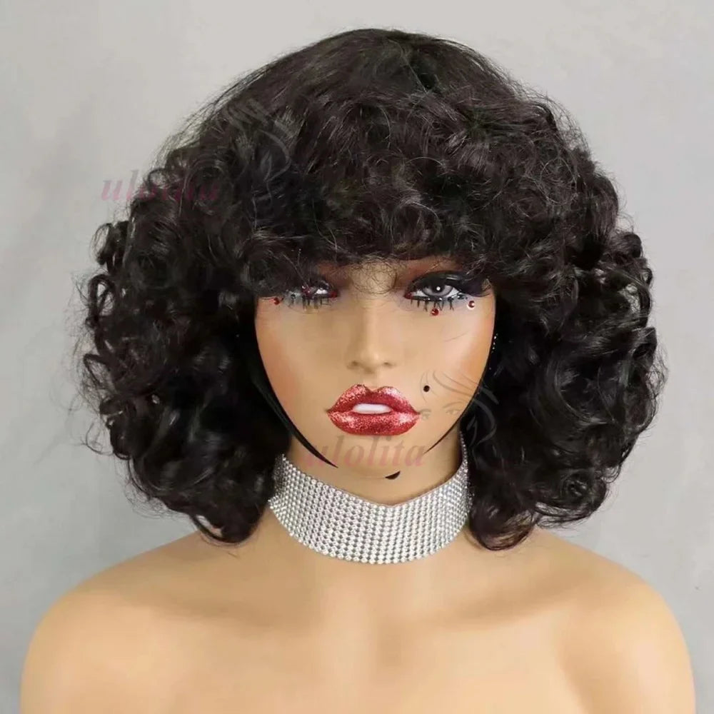 Curly Bob Wig With Bangs | Indian Remy Hair | 200% Density | 99J, 350, Highlight & More