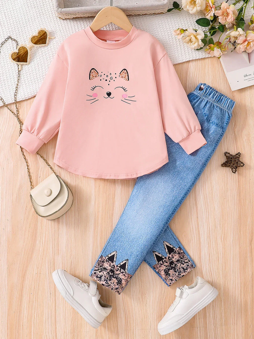 Spring and autumn girls fashion cute 2-piece set micro-elastic pink round neck