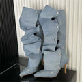 Denim Knee-High Pleated Boots – Thin High Heel