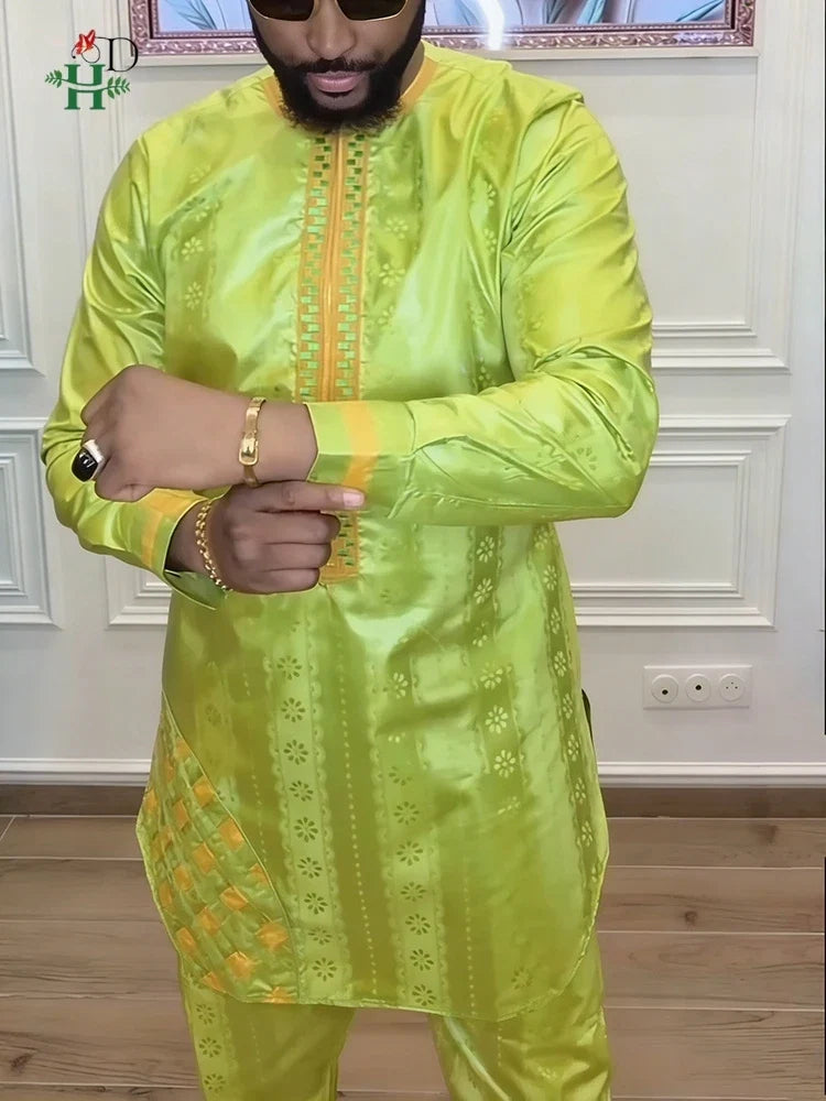 Men's Traditional Agbada 2PCS Green Bazin Riche Shirt and Pant