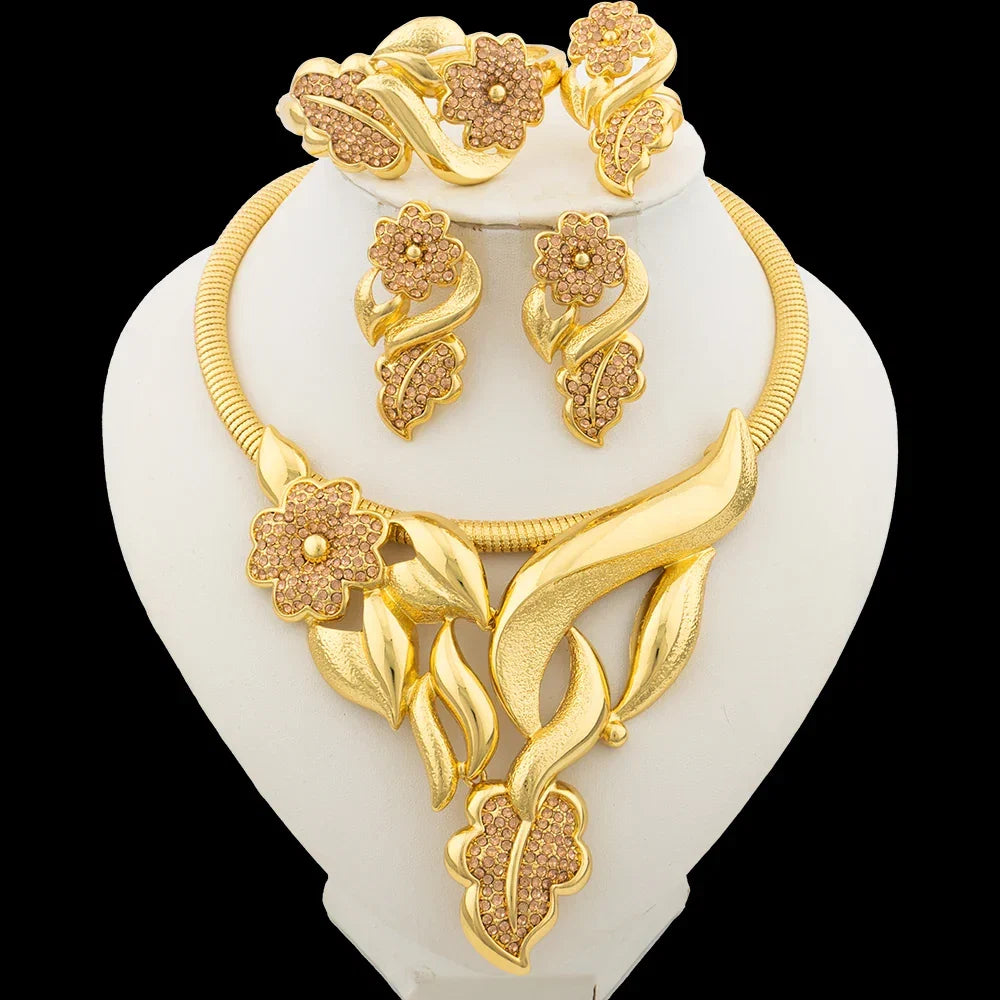 Luxury Flower Design Jewelry Set for Women, Gold Color Big Pendant Necklace and