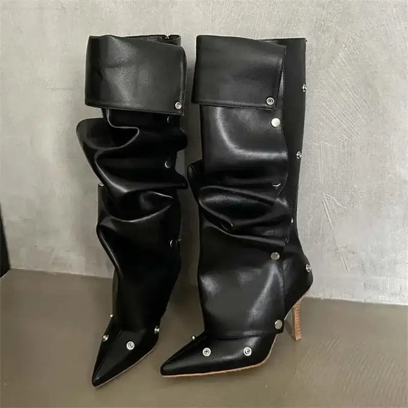 Denim Knee-High Pleated Boots – Thin High Heel