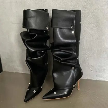 Denim Knee-High Pleated Boots – Thin High Heel