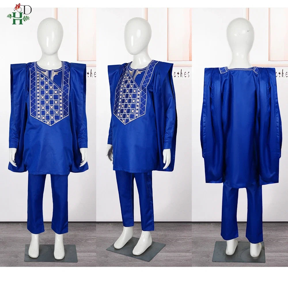 Boys White Blue Long Sleeve Tops Embroidery Dashiki Robe Shirt And Pant Set 3 PCS