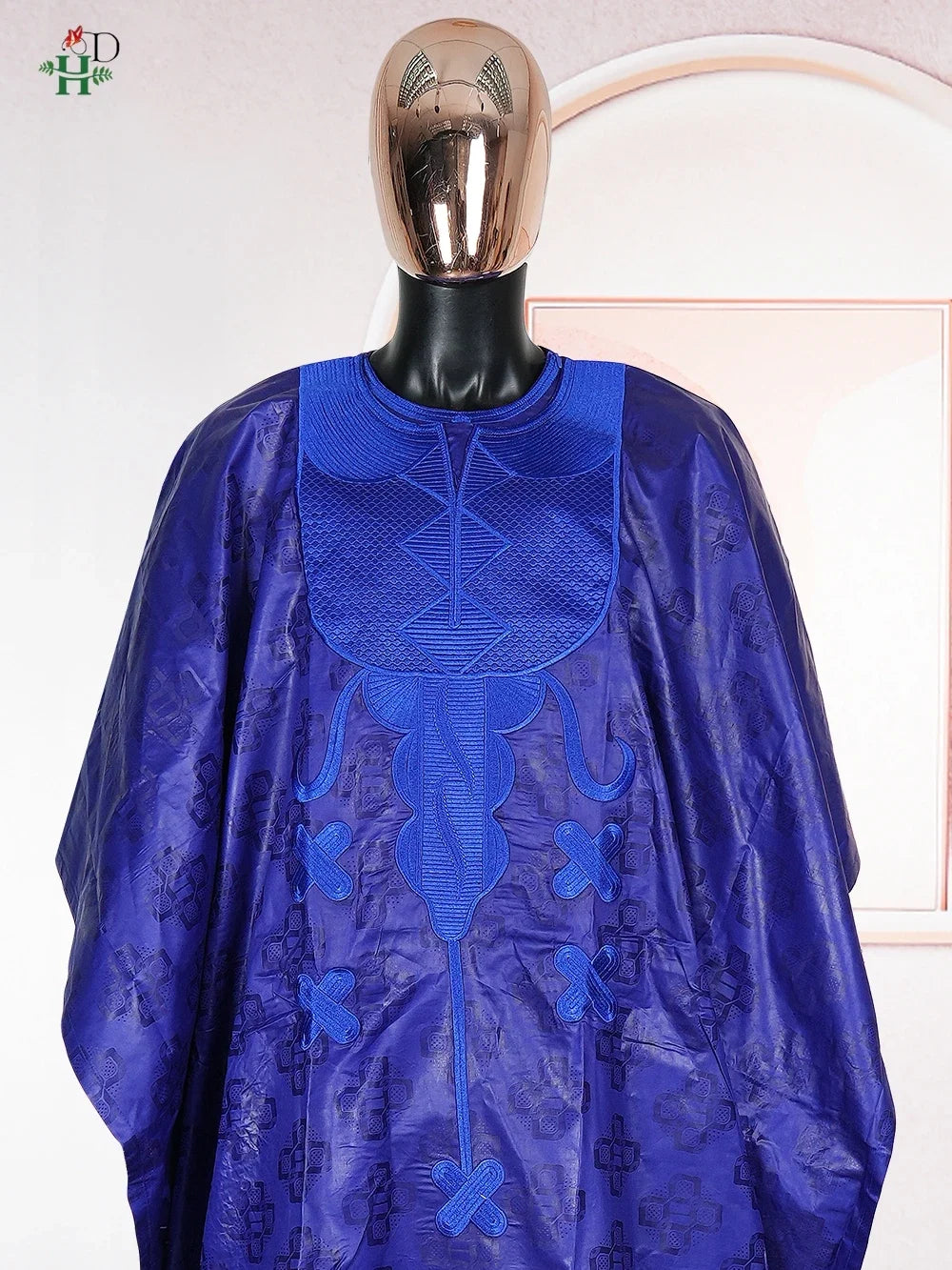 Men's African Traditional 3PCS Outfit  Blue Bazin Riche Agbada Embroidered Robe