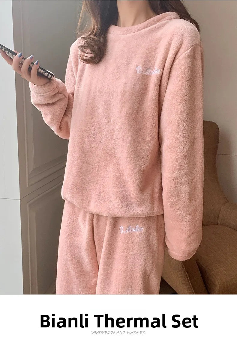 Double-Sided Coral Fleece Pajama Set Thickened Warm Leisure Wear for Autumn Winter Comfortable Polyester Sleepwear
