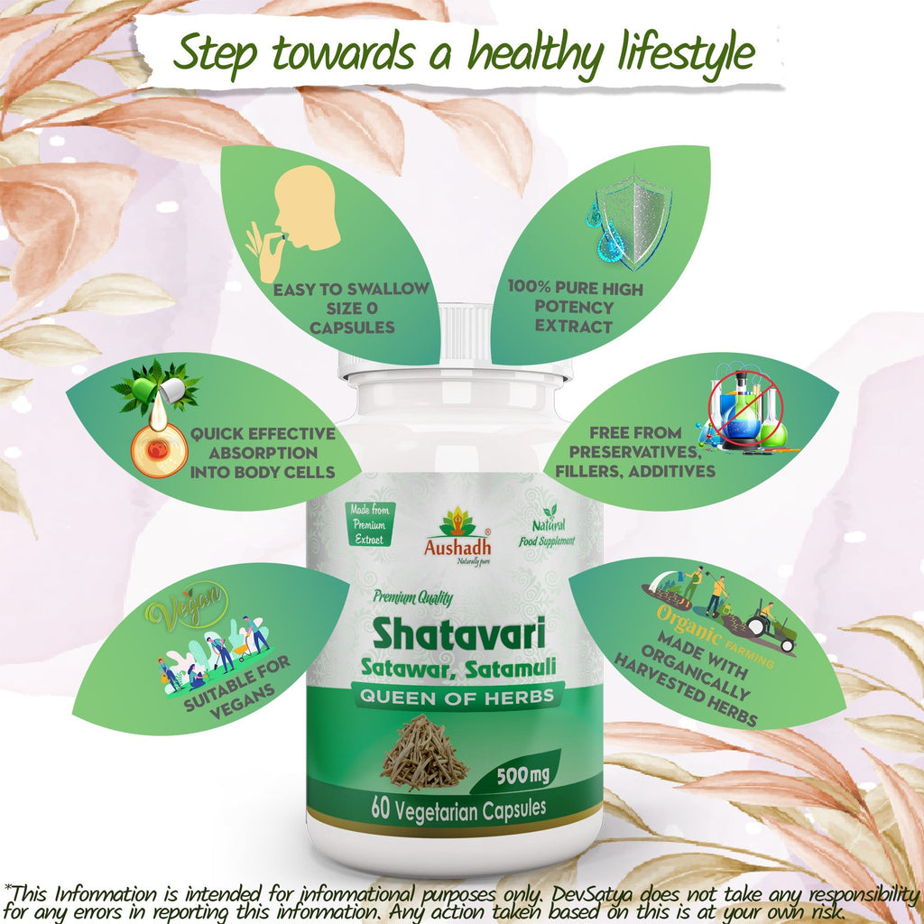 Aushadh Shatavari Capsules (Wild Asparagus) Women’s Wellness Support - Vegan, Gluten Free, Non-GMO, 60 Capsules