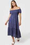 Navy Off‑Shoulder Polka Dot Dress
