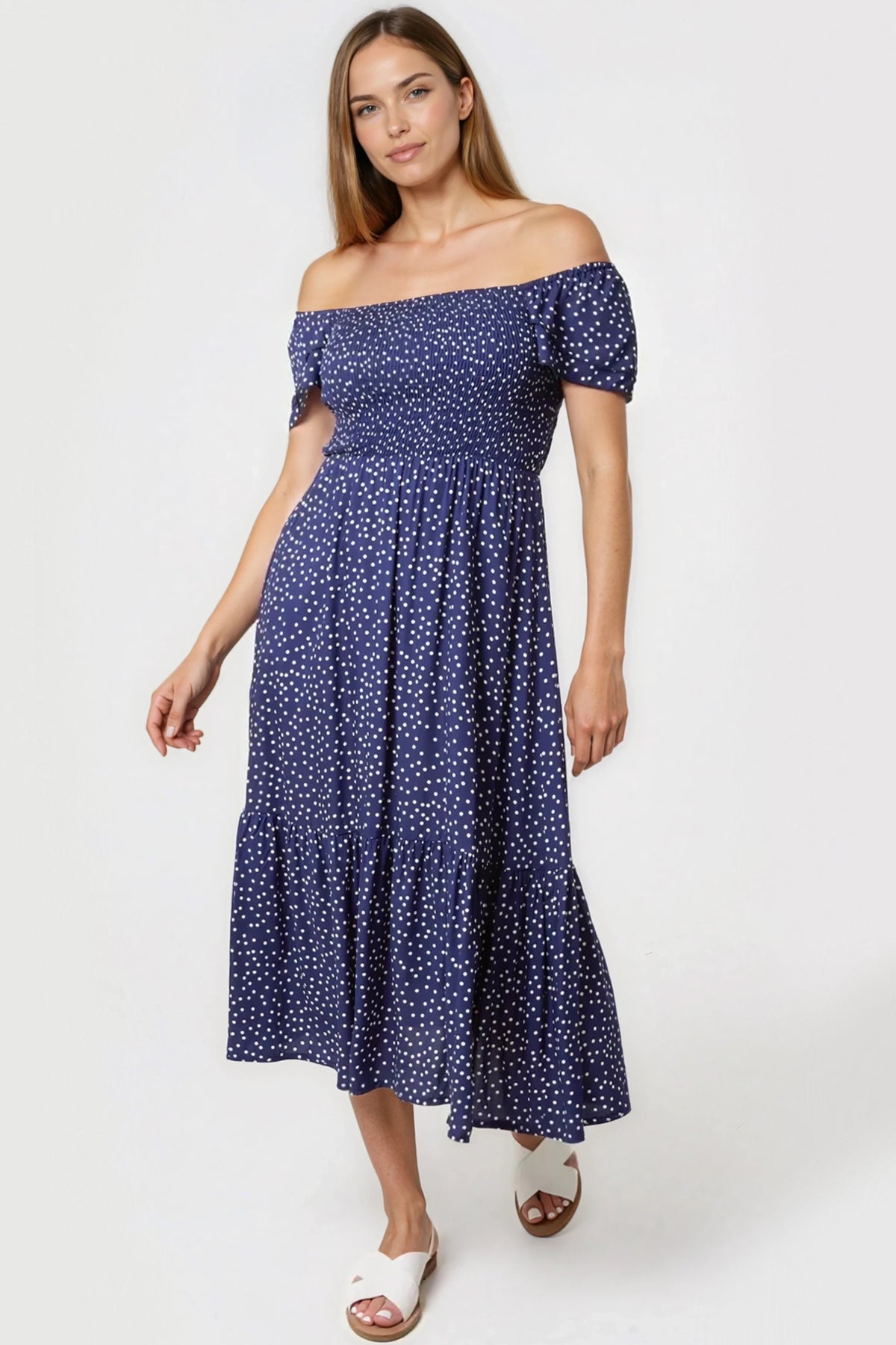 Navy Off‑Shoulder Polka Dot Dress