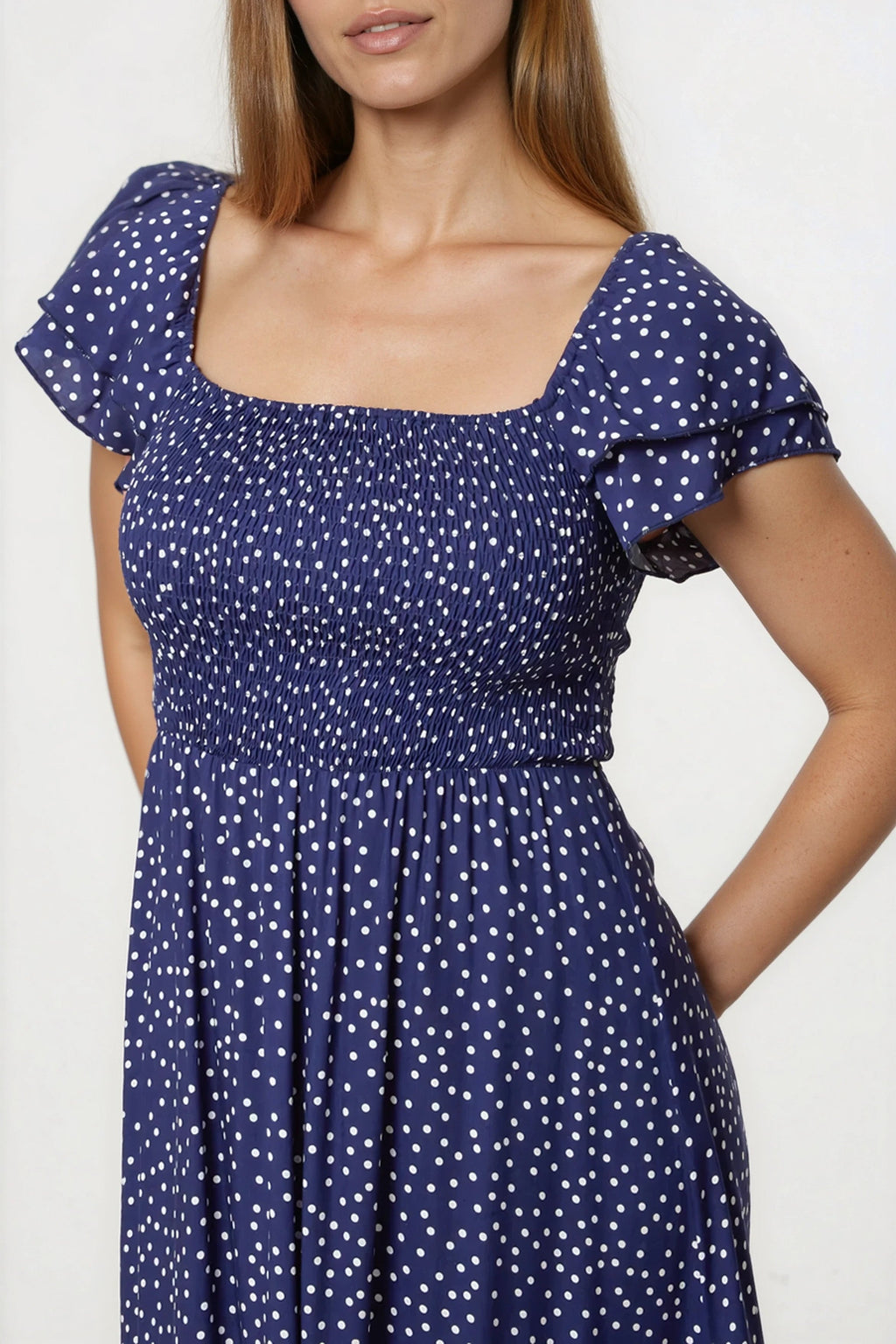 Navy Off‑Shoulder Polka Dot Dress