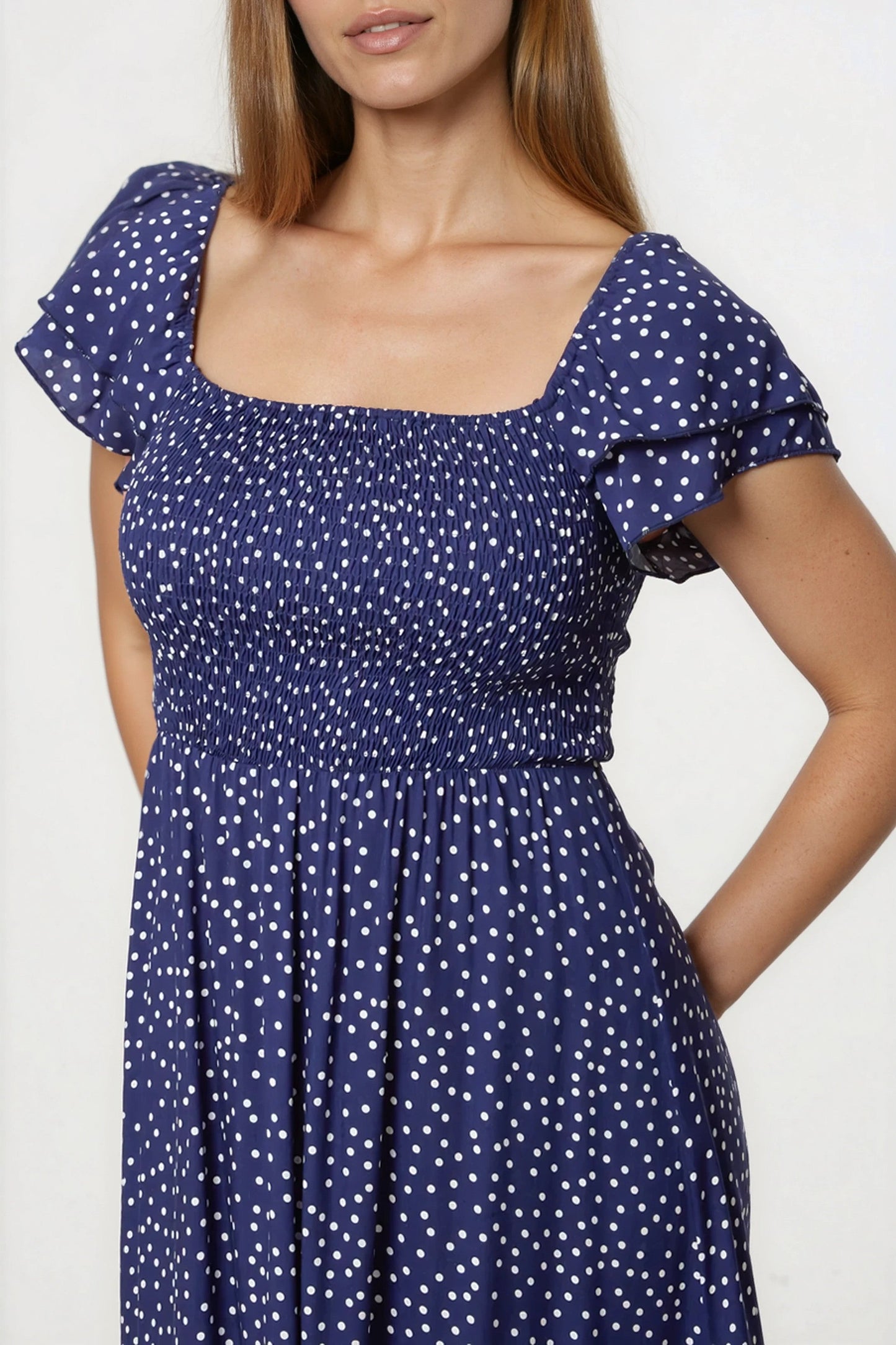 Navy Off‑Shoulder Polka Dot Dress
