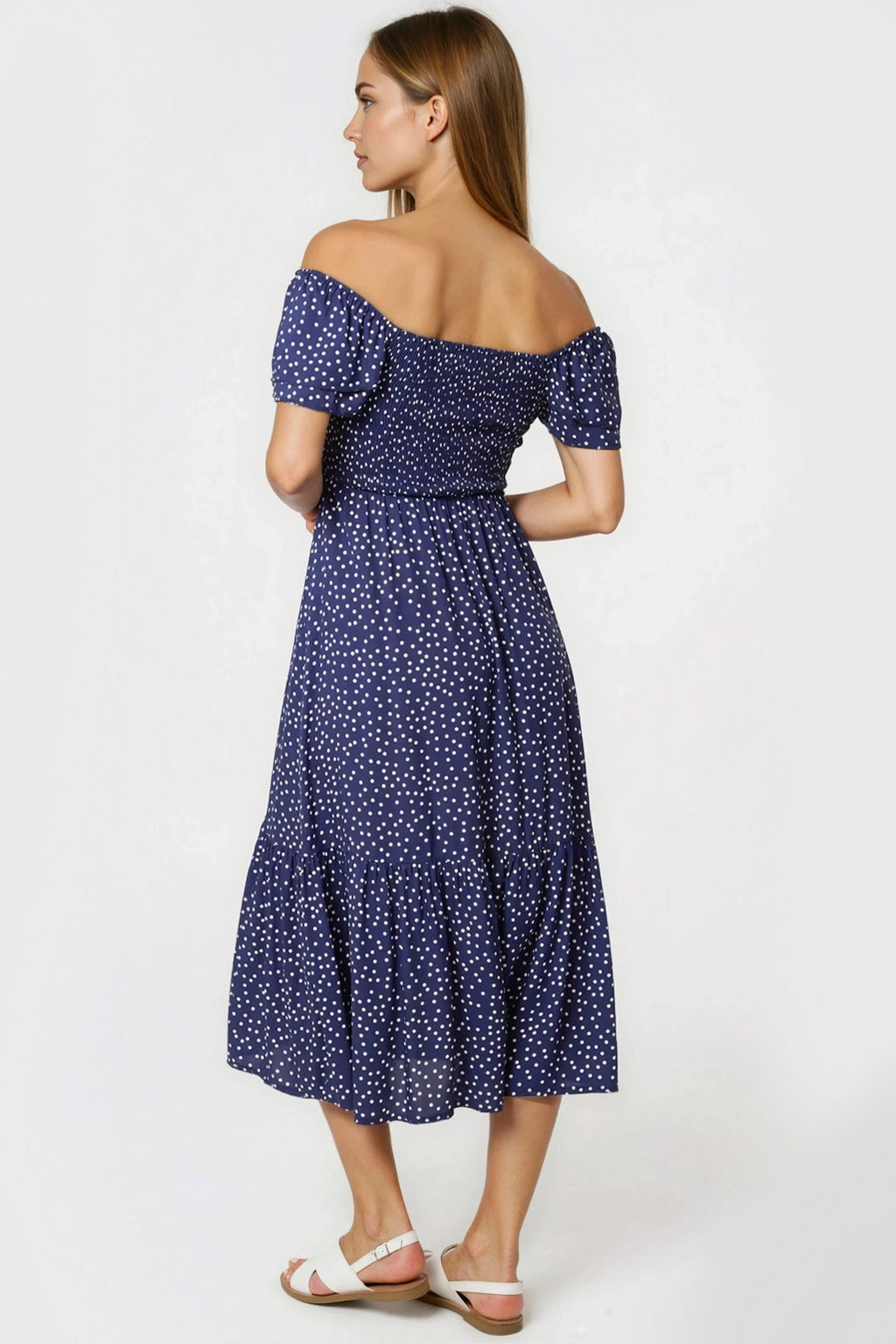 Navy Off‑Shoulder Polka Dot Dress
