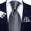 Silver Geometric Silk Tie - With Matching Cufflinks & Pocket Square