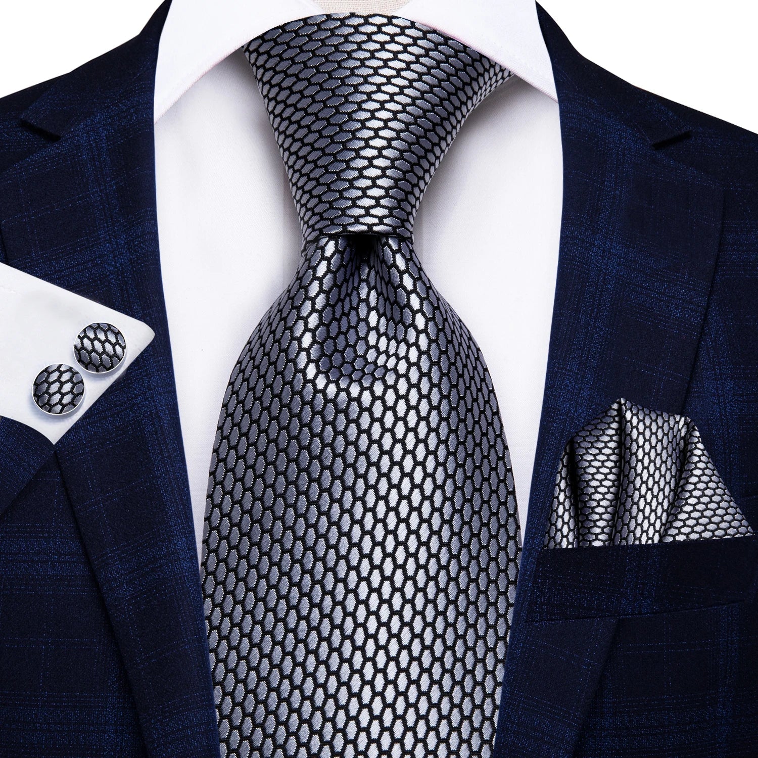 Silver Geometric Silk Tie - With Matching Cufflinks & Pocket Square