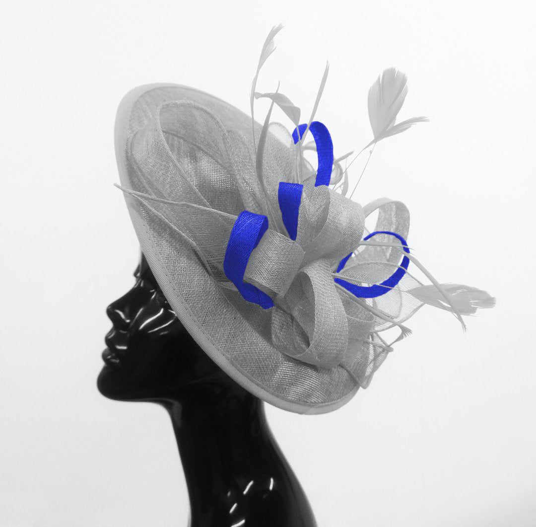 Caprilite Big Saucer Sinamay Silver Grey & Royal Blue Mixed Colour Fascinator On Headband