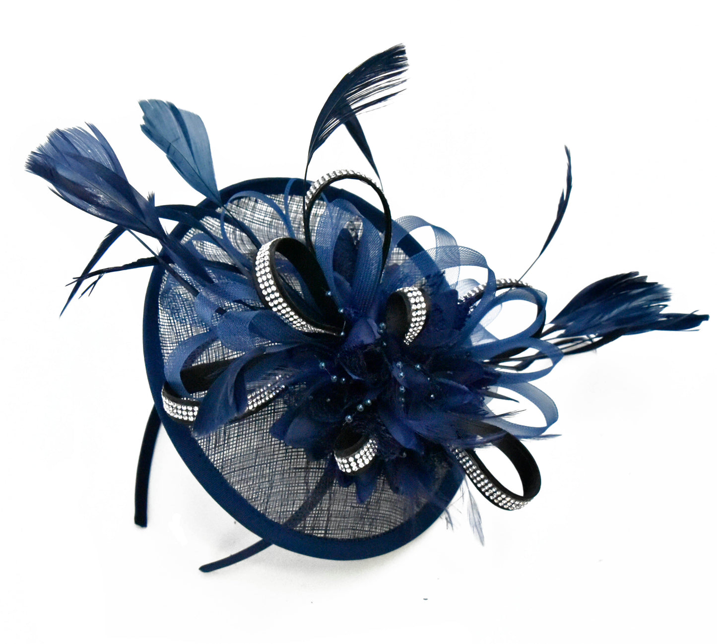 Caprilite Disc Saucer Sinamay Navy with Black Diamante Crystal Strips Fascinator on Headband Alice Band Wedding Ascot Races