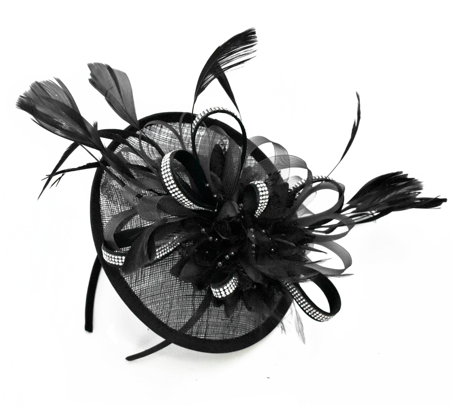 Caprilite Disc Saucer Sinamay Black Diamante Crystal Strips Fascinator on Headband Alice Band Wedding Ascot Races