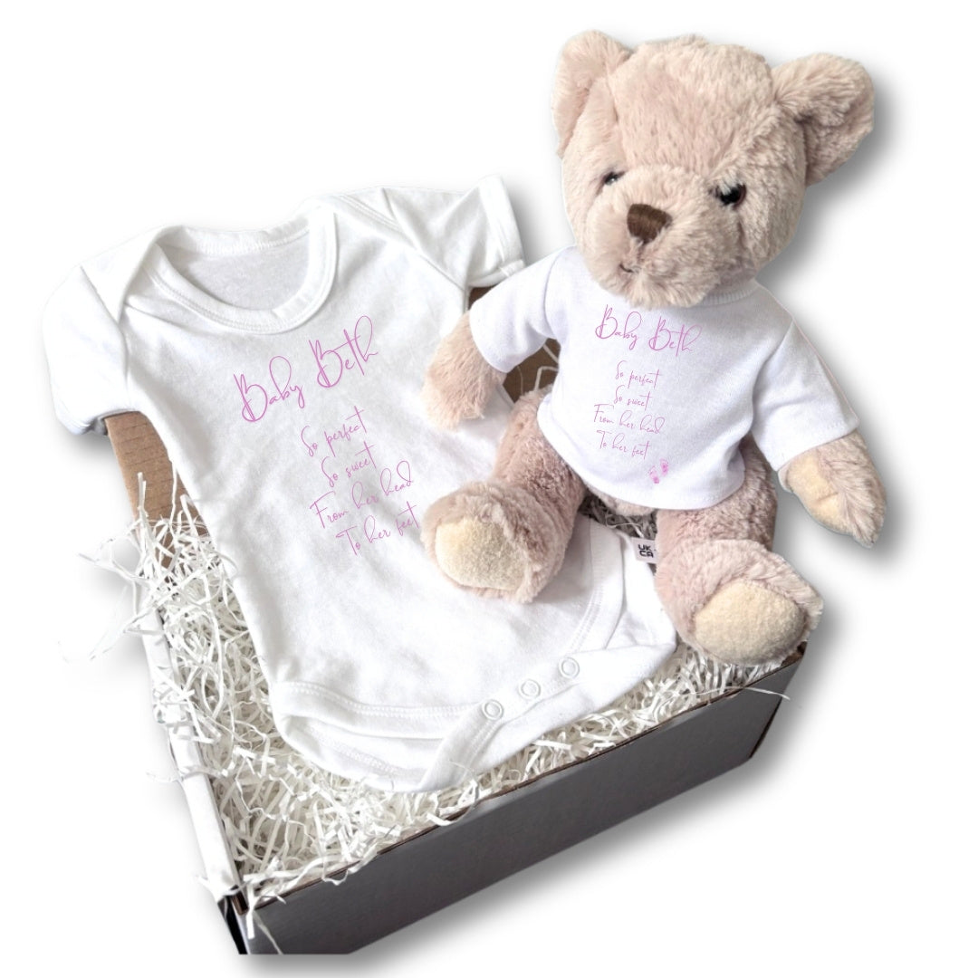 Personalised So Perfect So Sweet Baby Gift Hamper - Teddy & Vest