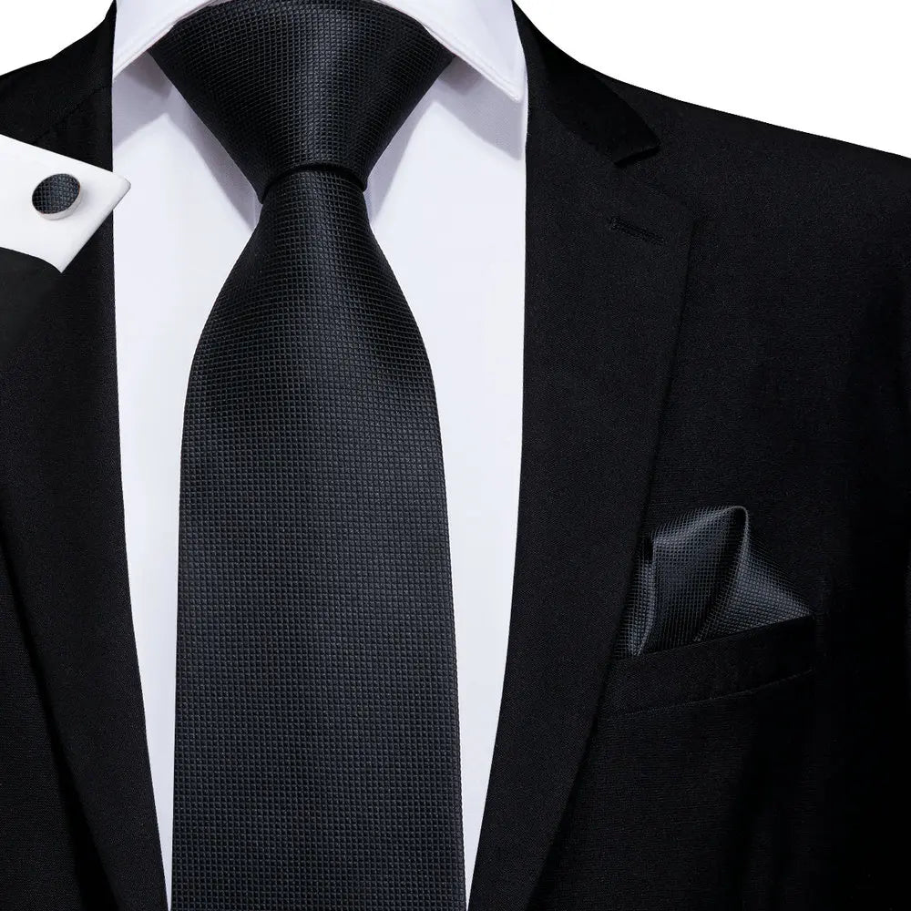 Solid Black Textured Silk Tie - With Matching Cufflinks & Pocket Square