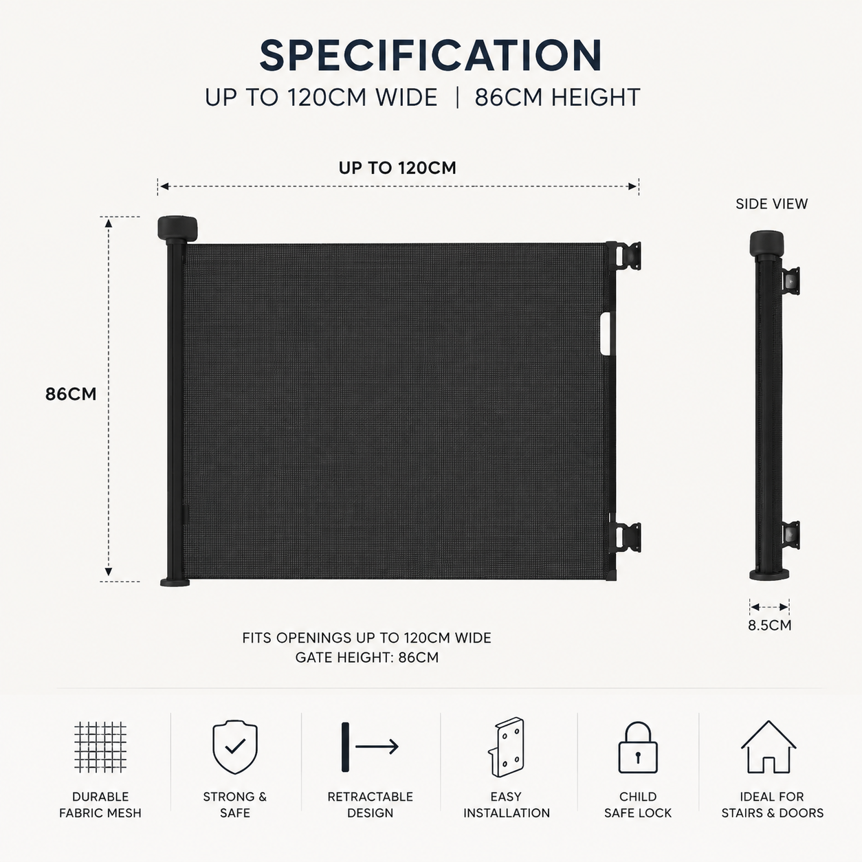 FYLO Baby Fabric Safety Retractable Stair Gate - Grey (Upto 120cm Width)