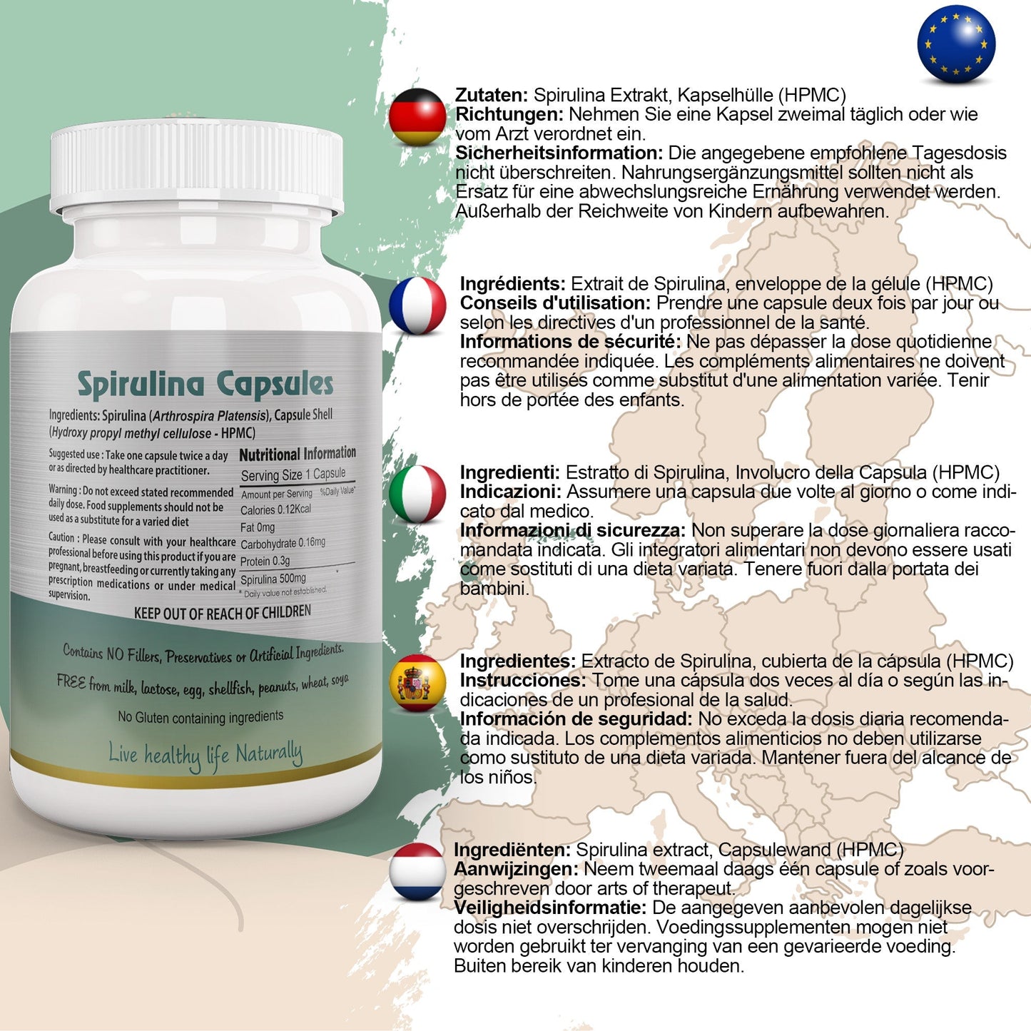Ayushya Spirulina Capsules (Blue-Green Algae) Energy & Nutrition Support - Vegan, Gluten Free, Non-GMO, 60 Capsules