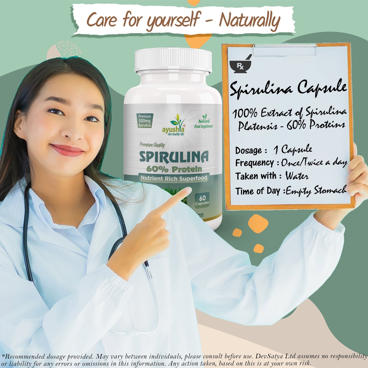Ayushya Spirulina Capsules (Blue-Green Algae) Energy & Nutrition Support - Vegan, Gluten Free, Non-GMO, 60 Capsules