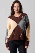 Chocolate Argyle Pattern V Neck Jumper