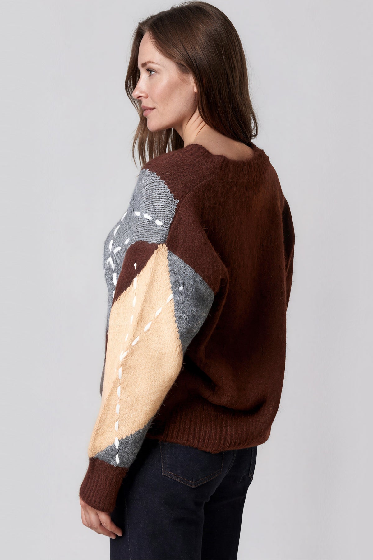 Chocolate Argyle Pattern V Neck Jumper