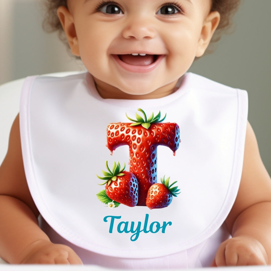 Personalised Strawberry Baby Grow, Vest or Bib with Initial Name