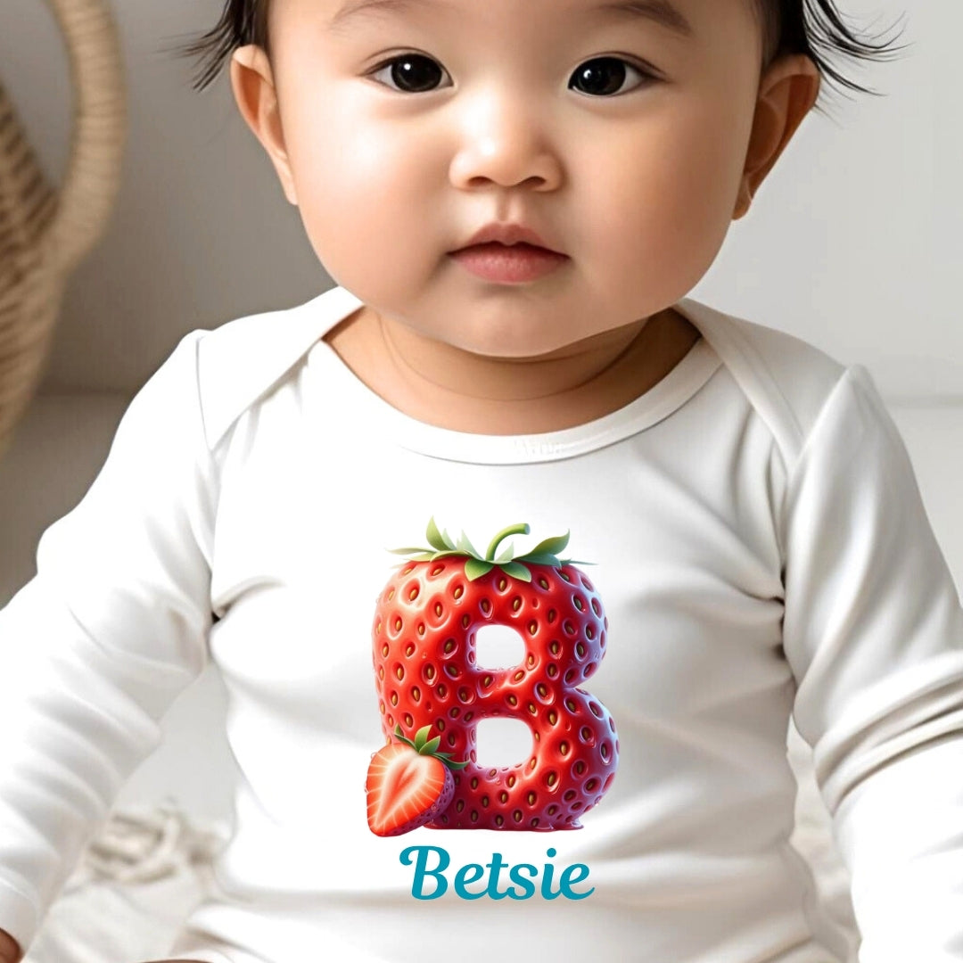 Personalised Strawberry Baby Grow, Vest or Bib with Initial Name