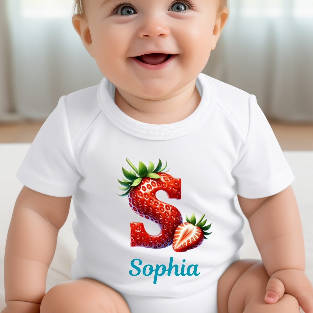 Personalised Strawberry Baby Grow, Vest or Bib with Initial Name