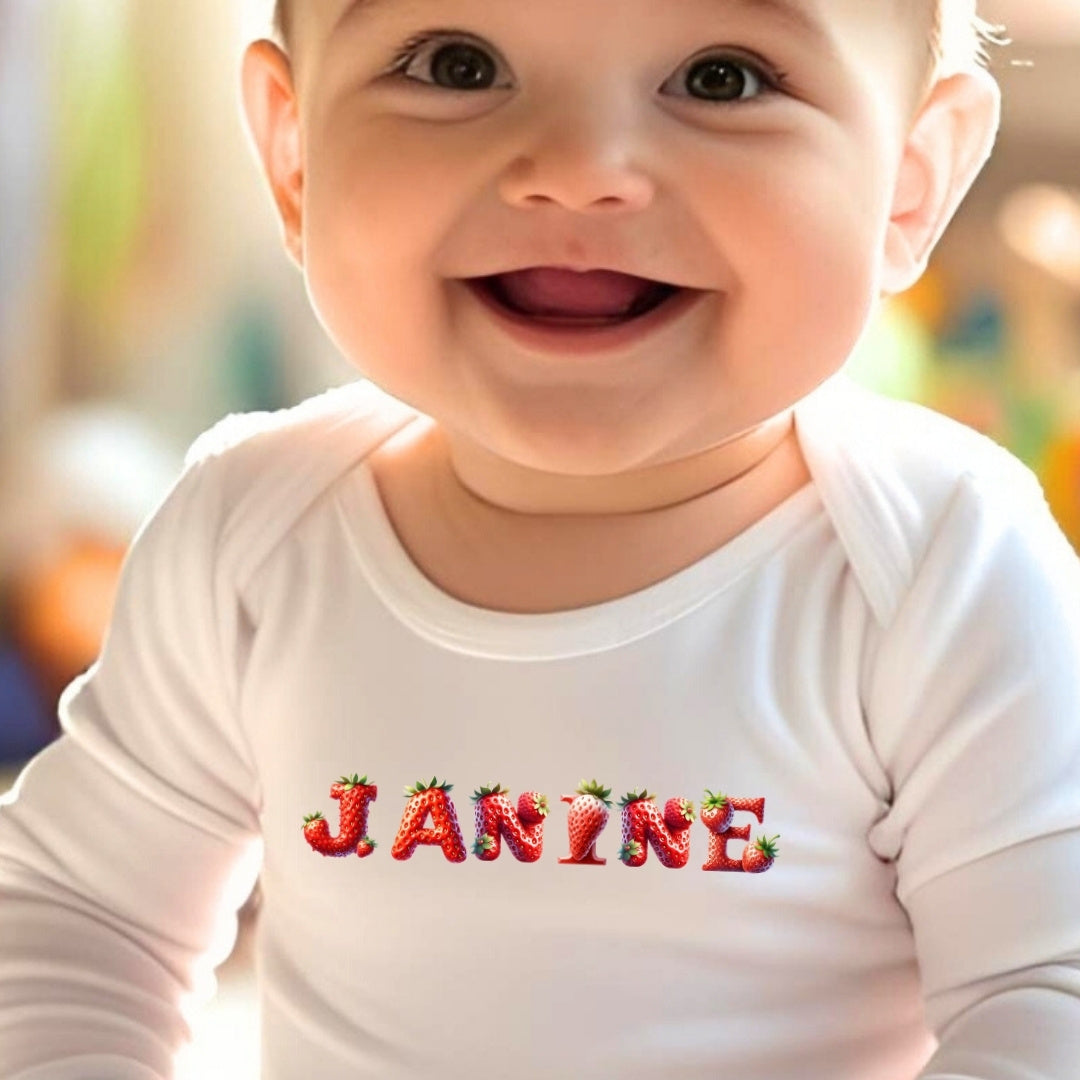 Personalised Strawberry Baby Grow, Vest or Bib with Name