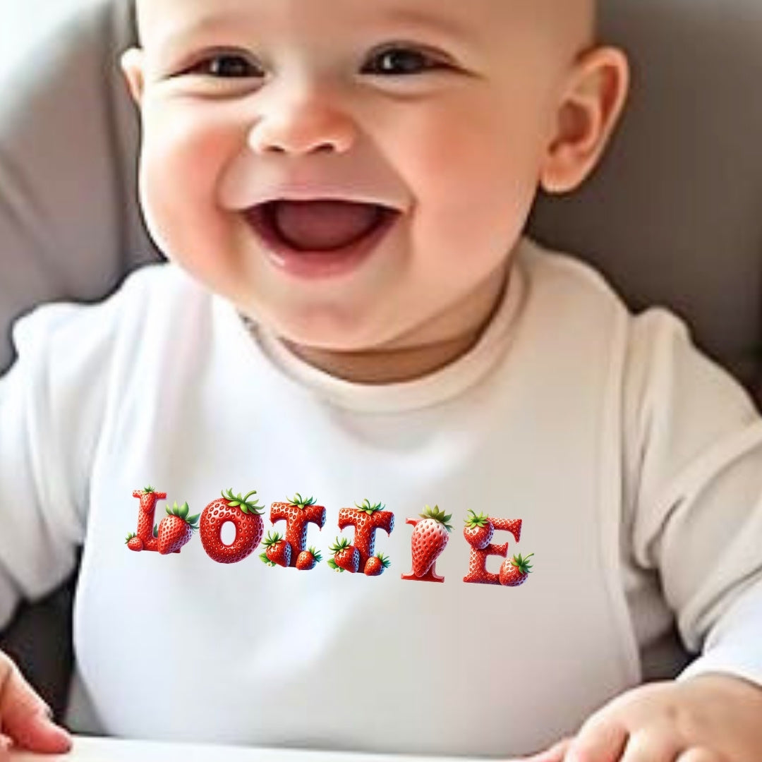 Personalised Strawberry Baby Grow, Vest or Bib with Name