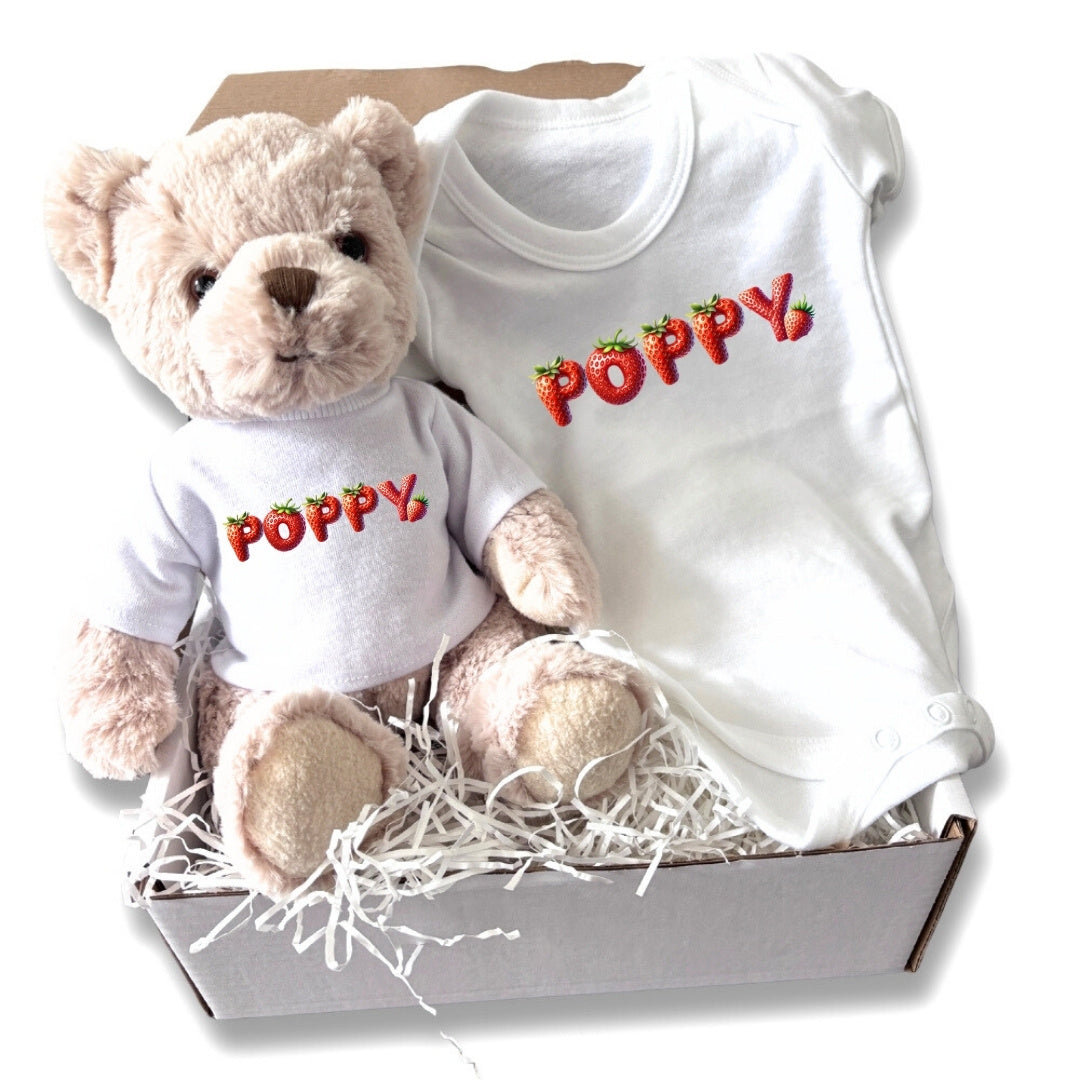 Personalised Strawberry Name Baby Gift Hamper - Teddy & Vest